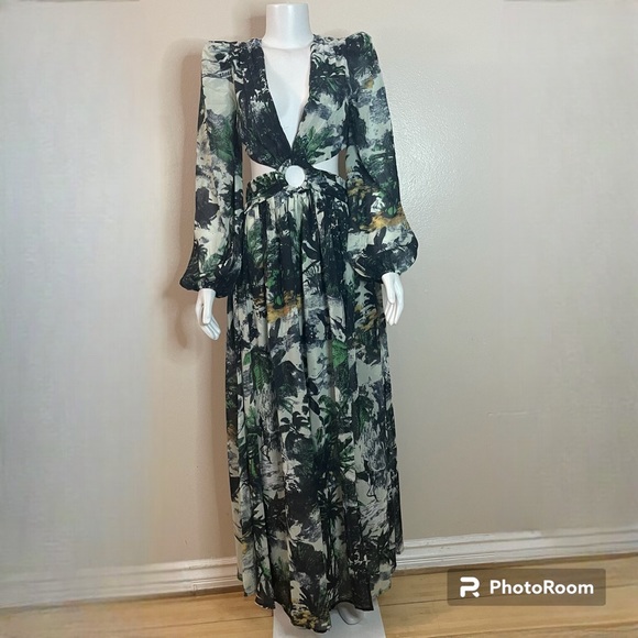 Green multi color backless long sleeve high slit ring cutoutmaxi dress